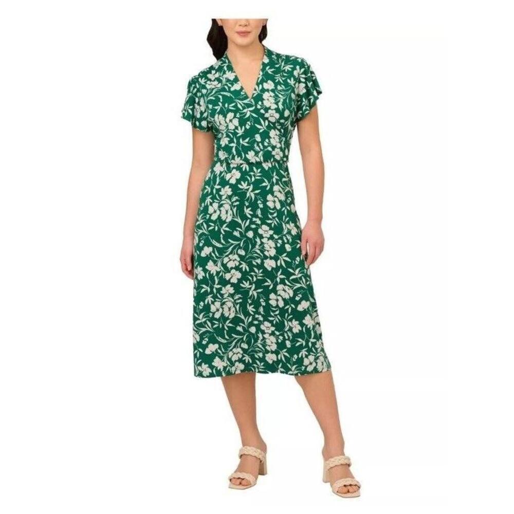 Adrianna Papell Women's Cream Faux Wrap V-Neck Dress, Green, Size XS F9